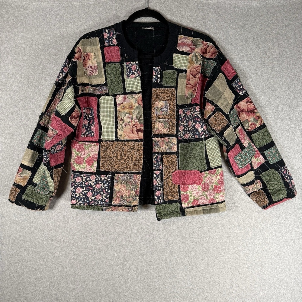 Vintage‎ Patchwork Jacket Womens Medium Black Floral Open Handmade